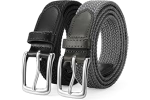 LEACOOLKEY 2 Pack Braided Elastic Belts Casual Stretch Canvas Woven Belts for Jeans Pants，1.18" wide with silver buckle