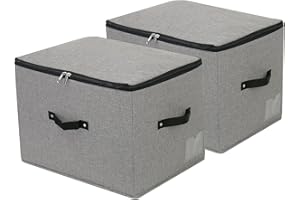 OMYGARDEN Caja de almacenamiento rígida de tela plegable con tapa con cremallera, asa, organizador de ropa de cama para estante de armario, lavable, 44 x 33 x 31 cm, gris oscuro, paquete de 2