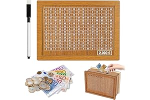 FMKLDENA Spardose Holz - Sparbox Mit Zahlen Ankreuzen, Retro Sparbüchse, Kinder Sparziel, Wiederverwendbar Mit Sparziel Und Zahlen Zum Ankreuzen (2000€)