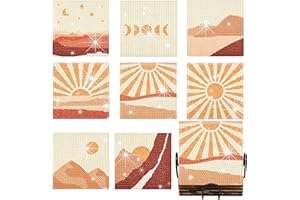 LAKSOL Sottobicchieri in Sughero, 8 Pezzi Diamond Painting Sottobicchiere con Supporto in Metallo, Sottobicchiere al Tramonto Assorbente per Tazze, Vasi, Bevande
