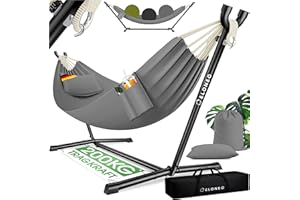 ELONEO Hängematte mit Gestell für 2 Personen | 200 kg Belastbarkeit | höhenverstellbares Hängemattengestell Outdoor und Indoor | Hammock inklusive Kissen, Tragetasche und Beutel