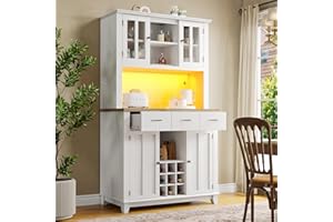 KecDuey Armadietto da cucina, 106 x 40 x 179,5 cm, a buffet con ripiani regolabili, credenza con illuminazione a LED, armadio a buffet (bianco)