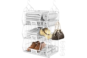 DECOHOME Organiseur de placard pliable à 3 niveaux, organiseurs de placard en métal et rangement avec 4 crochets en S, panier suspendu de placard, blanc