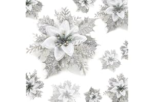 RNAIRNI 24 Stücke Weihnachten Funkeln Weihnachtsstern Blumen mit Clips Künstliche Weihnachten Blumen Glitzer Weihnachtsblume Hochzeit Weihnachtsbaum Weihnachtstürkranz Neujahr Ornamente