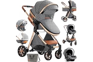 Aveainelle Kinderwagen 3 in 1, Faltbarer Kinderwagen Set, Bequemer Multifunktionaler Kombikinderwagen 3 in 1 Komplettset (V9 Grey)