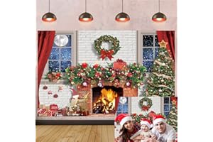 CINRAY Toile de Fond pour cheminée de Noël, fenêtre d'hiver, Arbre de Noël, Guirlande de Lune, Fond pour Photographie de Famille, fête prénatale, fête Anniversaire décorations Accessoires de Studio 7x5FT