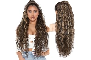 Brikabia Ponytail Extension 30" Long Claw Clip Ponytail Extensions Curly Wavy Pony Tails Hair Extensions Synthetic Hairpiece, Chocolate Brown with Highlights