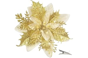 MIKAILE 20 Pezzi Fiori per Albero di Natale con Clip, Fiori Artificiali Natalizi per Decorazioni con Glitter, Fiori di Natale Poinsettia per Decorazioni Natalizie Ghirlanda (Oro)