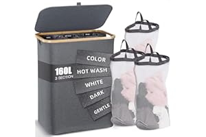 NOSTHEART 160L Panier a Linge Sale - Panier à Linge 3 Compartiment - Bac a Linge Sale Pliable avec Couvercle, Poignée en Bambou - Corbeille a Linge pour Buanderie la Famille, Gris Clair