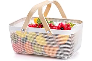 ZEAYEA Mesh Storage Basket with Handle, Garden Harvest Basket, Mesh Fruit Basket Bin for Gathering Vegetables, Multi-functional Metal Wire Baskets for Kitchen Garden Picnic Cabinet, White