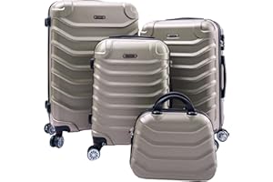 R.Leone Valigia da 1 pezzo Fino a Set 4 Trolley Rigido grande, medio, bagaglio a mano e beauty case 4 ruote in ABS 2026 (Oro, Set 4 XS S M L)