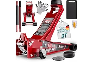 TRESKO® Wagenheber hydraulisch 3T Hubhöhe 75-510mm | Hydraulik KFZ Rangierwagenheber Jack flach mit Doppelkolben & 360° Rollen | Heber Auto inkl. 2X Gummiauflage, Schutzmatte, Handschuhe, Profilmesser