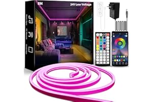 BUNACET Neonowa taśma LED RGB 8 m, 24 V, ściemniana, neonowa taśma LED, wodoszczelność IP65, elastyczna, do samodzielnego wykonania, sterowanie za pomocą aplikacji, synchronizacja muzyki, zasilacz i