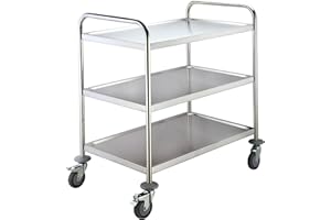 SARO BASTIAN Carro de transporte y servicio con 3 bandejas, acero inoxidable, 80 kg de carga, 4 ruedas (2 con freno), 86 x 54 x 94 cm, para gastronomía y servicio