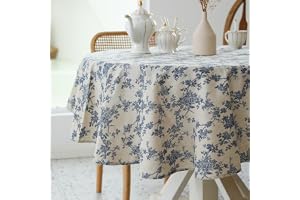 Pastoral Round Tablecloth - 60 Inch Dia. - Linen Fabric Table Cloth - Washable Table Cover with Dust-Proof Wrinkle Resistant for Restaurant, Picnic, Indoor and Outdoor Dining, Floral (Dark Blue)