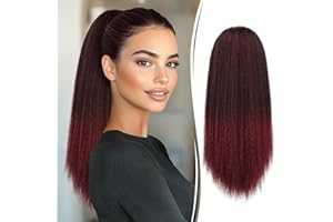 RUWISS Drawstring Ponytail for Black Women Yaki Straight Ponytail Hair Extension 16 Inch Thick Pony Tail Clip in Synthetic Ponytail Hairpiece Black To Wine Red
