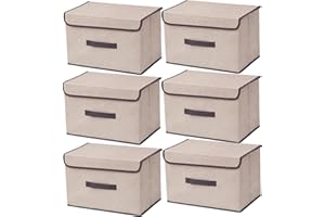 NCRGB 6pack caja almacenaje con tapa 36×23×24cm,Cajas de tela plegables con tapa,Organizador de armario para guardar ropa,Organización de espacio,Juguetes-Beige