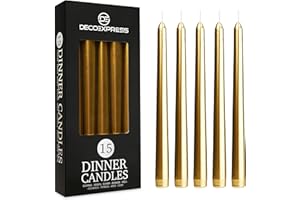 DECO EXPRESS Candles Set Classic Dripless Tapered Metallic Unscented 8H Burning Time, Decorative Dinner Candles for Restaurant Home Christmas (Gold, 15 Pack)