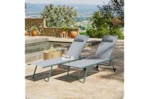 AVRIL PARIS Lot de 2 Transat Inclinables et Empilables - Bains de Soleil en Acier Vert - Revêtement Textilène Gris - 2 roulettes - 5 Positions d'Inclinaison - 1 Coussin Relaxation - Sunny