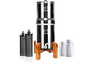 ‎PHOENIX GRAVITY PHOENIX GRAVITY 8 Liter Edelstahl Wasserfilter und Reiniger mit 2 POSTreat Flouride Reduzierelementen und Kohlekartuschen mit Edelstahlhahn und Wasserflasche mit Holzständer
