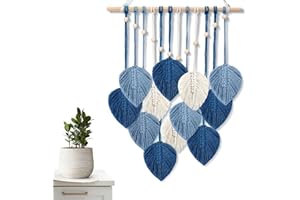 ASMPCUE Boho Macrame da Parete, Arazzo Fatto a Mano Decorazione da Parete con Perline di Legno e 12 Arazzi con Foglie per Soggiorno, Camera da Letto, Cameretta dei Bambini, 20 x 27,5 Pollici (Blu)