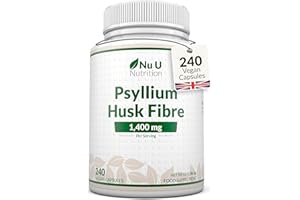 Psyllium Husk Fibre Supplement - 1400mg per Serving - 240 Vegan Capsules - Natural Soluble Prebiotic Fiber from Plantago Ovata Seeds - Made in The UK - Nu U Nutrition