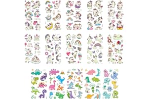 LINKBRO 15 Arkuszy Tatuaży dla Dzieci - Świecące w 200+ Mieszanych Stylach, 10 z Jednorożcem + 5 Dinozaurów, Mały Prezent na Urodziny dla 3-latków
