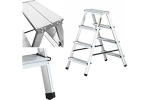 Drabest Escabeau Ménager 4 Marches en Aluminium Double Face Capacité 125 KG - Escabeau avec Plateforme De Travail - Échelles Multiples - 44 X 86,5 X 16 Cm