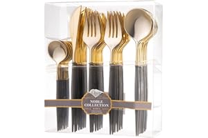 Decor Decorline - Ensemble de couverts réutilisables en plastique robuste - 40 pièces - Avec 16 fourchettes, 8 couteaux, 8 cuillères et 8 cuillères à dessert - Noble - Haut: Or - Poigné: Gris