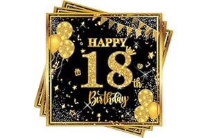 Wentsent 18th Birthday Napkins, 40pcs Black Gold Happy 18th Birthday Party Napkins Table Decoration for Women Men, 18th Table Napkins for Him Her