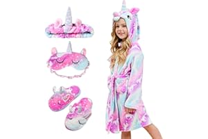 Piefry Peignoir Doux Fille Licorne Robes de Chambre à Capuche pour Filles avec Pantoufles de Licorne - Cadeaux pour Filles
