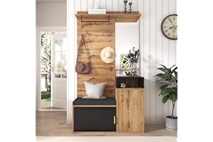 HAUSPROFI Garderobe Set, 4 Stück Flur Garderoben Komplettprogramme, mit Spiegel Schuhschrank Sitzbank, Wandgarderobe mit Ablage, Schlafzimmer Garderobenset (Schwarz, 190.5x105x40cm)