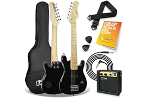 3rd Avenue 1/4 Size Kids Electric Guitar Pack for Junior Beginners - 6 Months FREE Lessons, 5W Portable Amp, Cable, Bag, Picks and Strap - Black