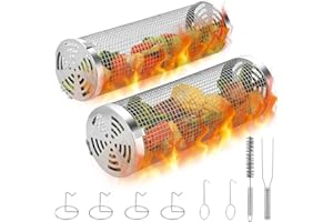Cesta de Asar Rodante, Banaone 2 Cestas Redondas de Acero Inoxidable para Barbacoa, Soporte con, Cepillo de Limpieza, Tubo de Red Portátil para Barbacoa para Acampar al Aire Libre para Carne