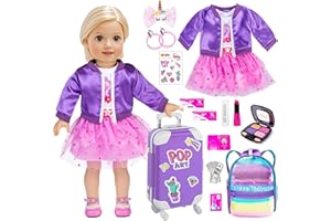 EBUDDY 24pcs American 18 inch School Supplies Suitcase Doll Clothes and Accessories Play Set Includes Coat Dress School Bag Sticker Cash Toys (No Doll)