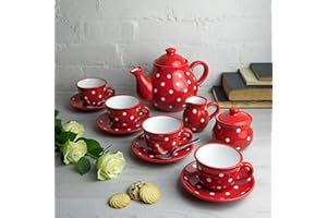 City to Cottage® Set Grande de Tetera, Jarra de Leche y Azucarero de Cerámica con Diseño de Lunares con 4 Tazas y Platitos Hecho y Pintado a Mano en Rojo y Blanco, 1,7 L/60 oz/4-6 Tazas
