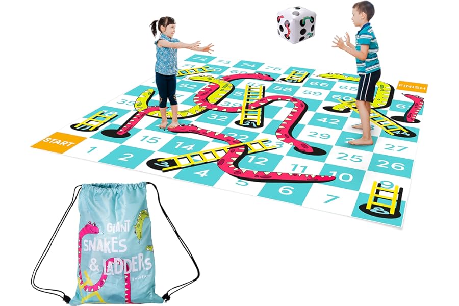THE TWIDDLERS Giant Snakes and Ladders Garden Game, 3x3m - Waterproof PVC Floor Mat with Inflatable Dice and Storage Bag for Family Parties, Schools and Outdoor Play