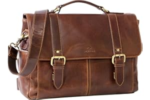 ALMADIH Leder Aktentasche CLAYTON Rindsleder gepolsterte Laptoptasche viele Fächer Ledertasche Umhängetasche Schultertasche Businesstasche Herren Tasche mit Kofferschlaufe braun