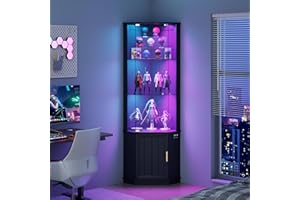 OUTDOOR DOIT 3-Tier Movable Glass Shelves with Human Body Sensor for Toys,Books,Collectibles,69" Corner Glass Display Cabinet with RGB Lights for living room,bedroom,study room