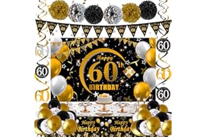 NAVDRIVL 60th Birthday Decorations for Men Women, 60th Birthday Banner Backdrop Balloons Black and Gold, Happy 60 Bday Decorations Banners Tablecover Triangle Flag, 60 Year Old Bday Gifts Men Party Supplies