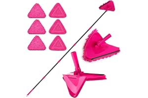 JEHONN Mocio Pavimenti Triangolare con Manico Lungo 202 cm, Aggiornato Mop Pulizia Allungabile con 6 Tamponi in Microfibra Ciniglia per Pareti, Soffitti, Muro, Finestre, Casa Interni (Rosso Rosato)