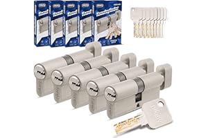 GERCAR PRO Lot de 5 cylindres à bouton, à fermeture identique, 45/45 mm, cylindre à serrure avec bouton, avec 25 clés, pour serrure de porte, longueur : 90 mm, A : 45 mm, B : 45 mm, en laiton mat