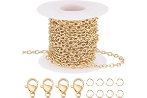 Beebeecraft Chaînes de Câble en Laiton de 16.4 Pied Chaîne à Maillons Ovales Plats Plaqués Or 18K avec 20 fermoirs à Pince de Homard et 50 Anneaux de Saut pour la Fabrication de Bracelets
