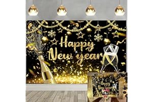 WANGRJ Toile de Fond « Happy New Year » 2024 - Noir et doré Brillant Verres à Champagne Photographie Bokeh Nouvel an, Bal Fin d'année décoration 2,1 x 1,5 m, (EU-WR-snow043)