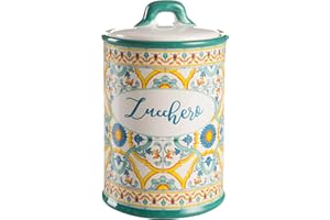 BARONI HOME MONTEMAGGI BARATTOLO ZUCCHERO TAPPO ERMETICO IN CERAMICA DECORO MAIOLICHE 10.5X10.5X17cm