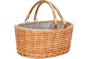TWENTYNEXT Wicker Picnic Basket with Double Folding Handles, Small Natural Willow Hamper Empty Basket Cheap Easter Eggs Candy Storage Wine Basket for Toy, Flower, Wedding Gifts（Grey Stripe S）