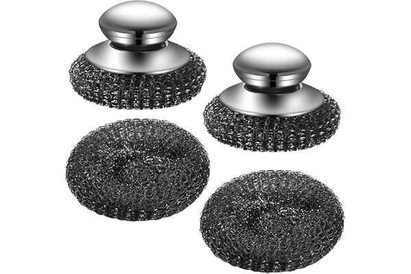 2-pack stålullsskrubba med 2 ersättningsullskuddar, stålullsskrubba med handtag, stålsvamp med handtag, stålullsskrubba med handtag, för rengöring av disk, pannor