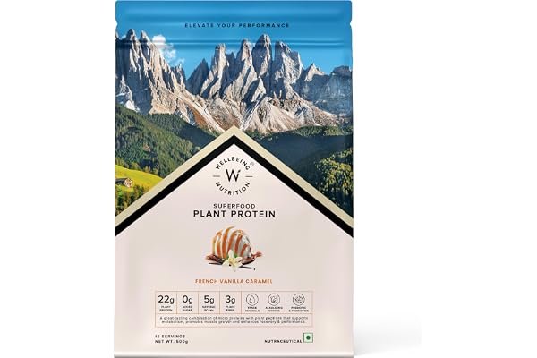 Wellbeing Nutrition Organic Vegan Plant Protein Isolate 22g Protein, 5g BCAA, 3B CFU Probiotics, Digestive Enzyme, 3g Fiber, Alkalizing Green NO Bloat, Easy to Digest French Vanilla Caramel 500gm