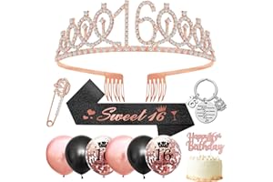 DJLLA 16th Birthday Gifts Girl, 16th Birthday Decorations 16th Birthday Sash and Tiara for Girls,Tiara Rhinestone Birthday Crown,Sweet 16 Sash,Rose Gold Balloons,Cake Topper,Keyring for 16 Party Decor Favor