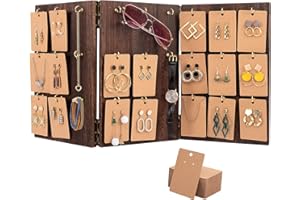 Aulock Wooden Jewelry Display Stand - 3-Sided Panel Earring Display Stands for Selling Earrings Rings & KeyChain Display with 27 Hooks & 100 Earring Cards for Store Showcase and Home(Brown)